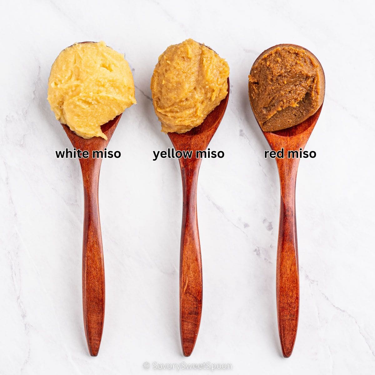White, yellow, and red miso on spoons labeled.