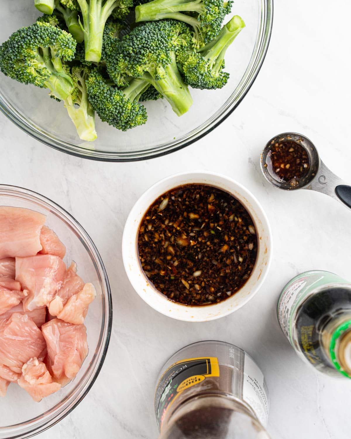 Ingredients needed for sheet pan teriyaki chicken and broccoli.