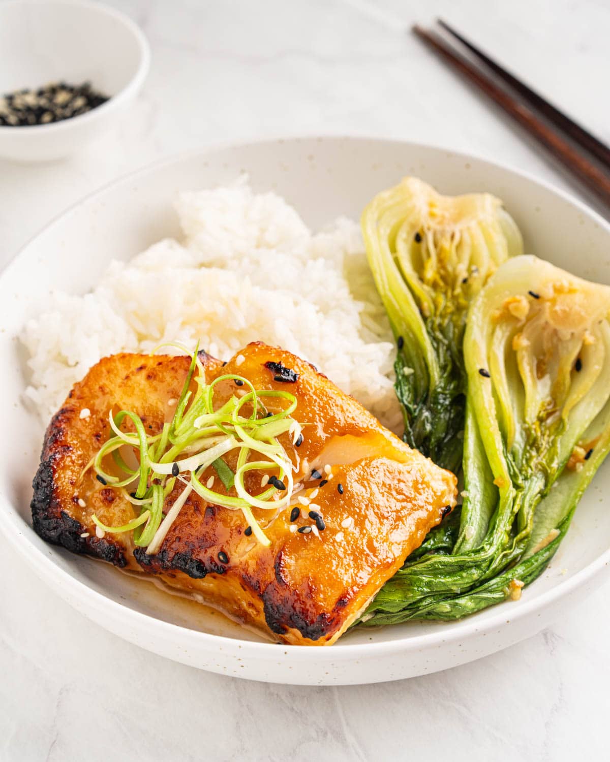 side angle of miso cod on plate.