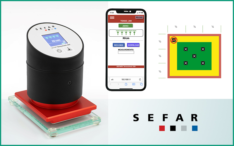 SEFAR Tensocheck 200 tension gauge with its mobile app and measurement diagram