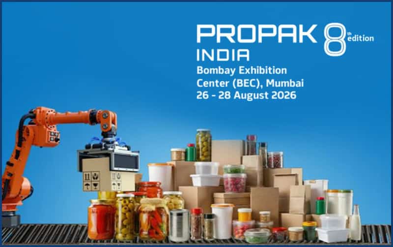 ProPak India 2026 graphic with packaging products and robotic arm; BEC Mumbai, 26–28 August