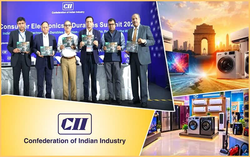 Group of professionals at Screen Print India event with electronics displays.