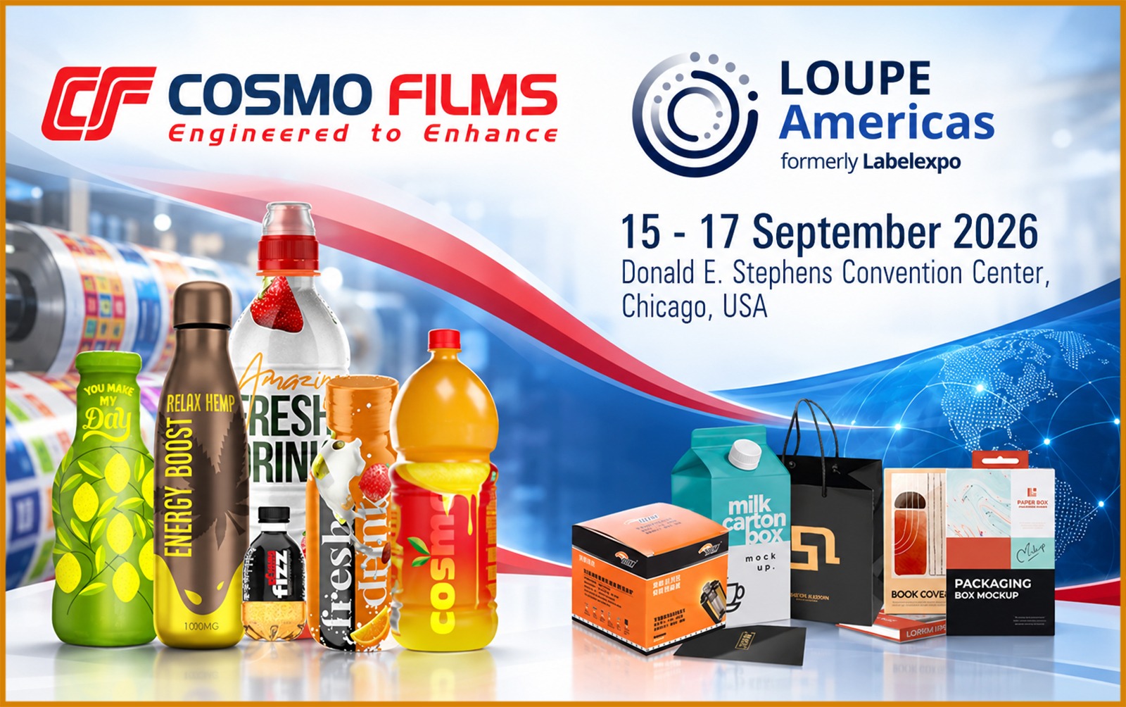 Exhibition booth with printing and packaging products at LOUPE Americas 2026.