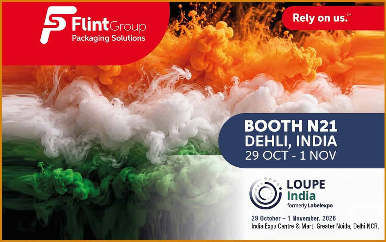 Exhibition booth for Screen Print India at LOUPE India 2026 event.