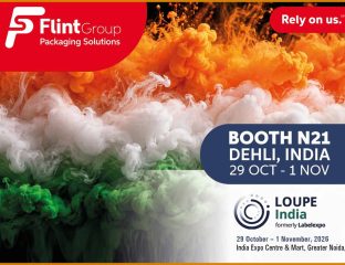 Exhibition booth for Screen Print India at LOUPE India 2026 event.