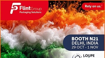 Flint Group booth at LOUPE India 2026 with colorful ink clouds.