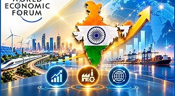 India's economic rise highlighted with global growth icons and map.