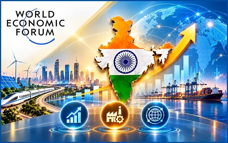 India's economic rise highlighted with global growth icons and map.