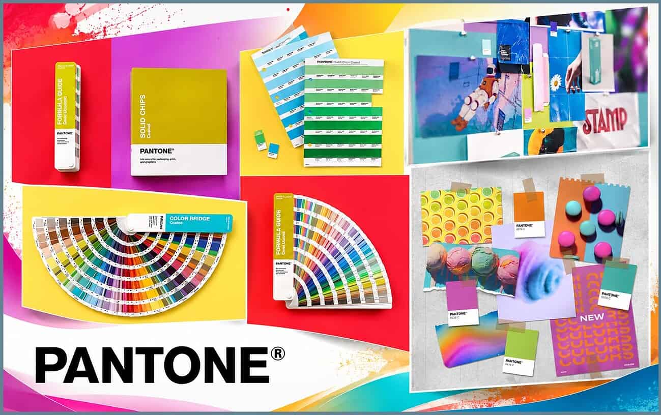 Pantone colour swatches and samples for colour matching system.