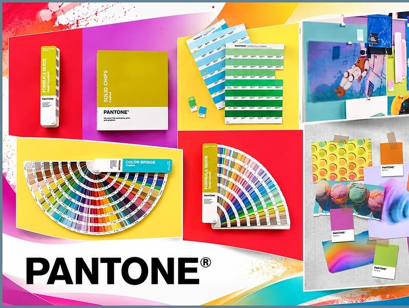 Pantone colour swatches and samples for colour matching system.
