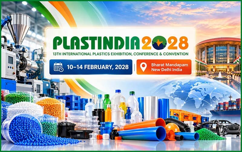PLASTINDIA 2028 plastics exhibition in New Delhi with machinery and products.