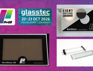 Pröll glass printing inks display at glasstec 2026 in Düsseldorf, Germany.