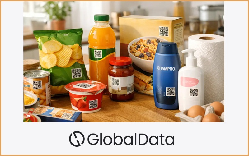 Various packaged food and household products with QR codes for smart packaging.