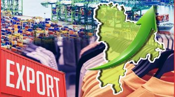 India export growth with a map and upward arrow, Tiruppur apparel focus.