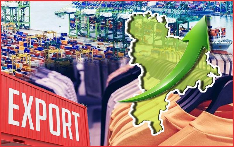 India export growth with a map and upward arrow, Tiruppur apparel focus.