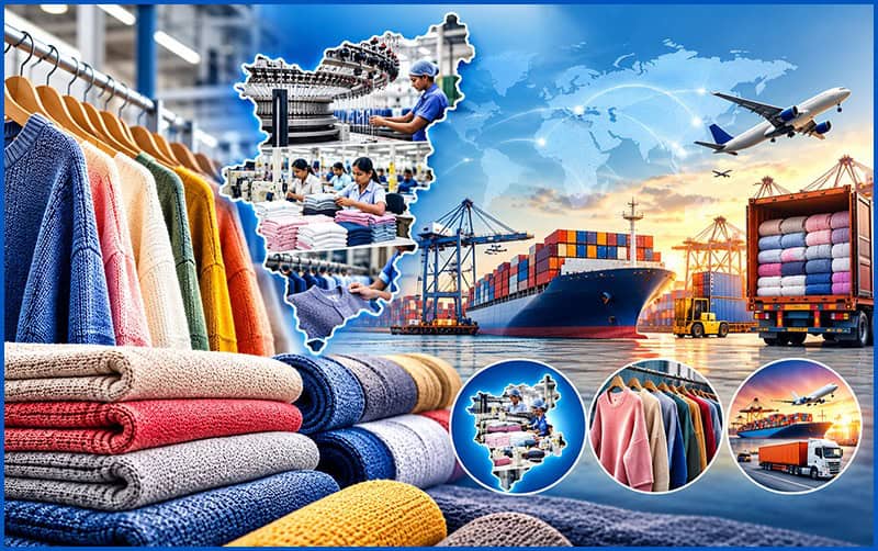 Textile manufacturing and export logistics at Tiruppur Knitwear industry.