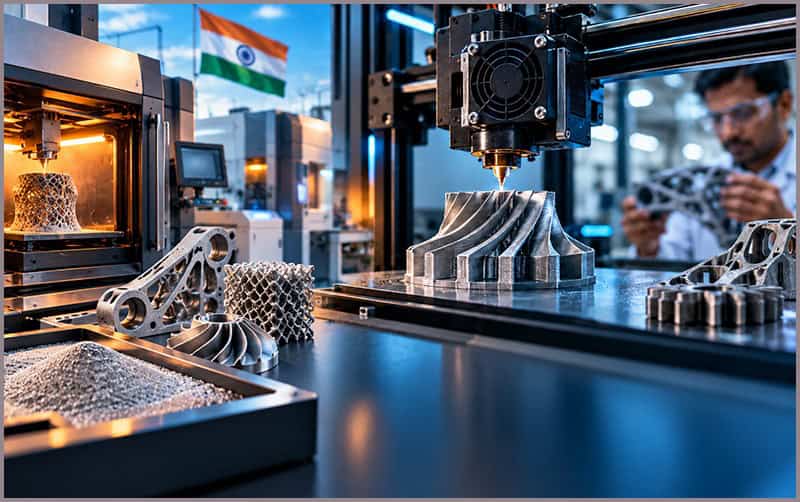 Advanced 3D printing machinery creating complex metal parts in India.