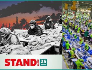 Workers in garment factory with pollution in background, eco-friendly manufacturing.