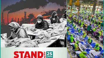 Workers in garment factory with pollution in background, eco-friendly manufacturing.