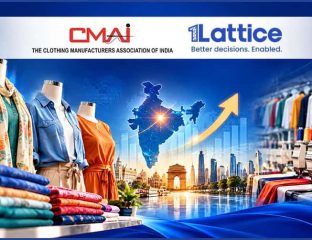 Fashion apparel display with cityscape and India map in background.