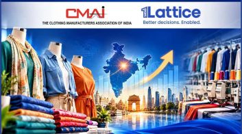 Fashion apparel display with cityscape and India map in background.