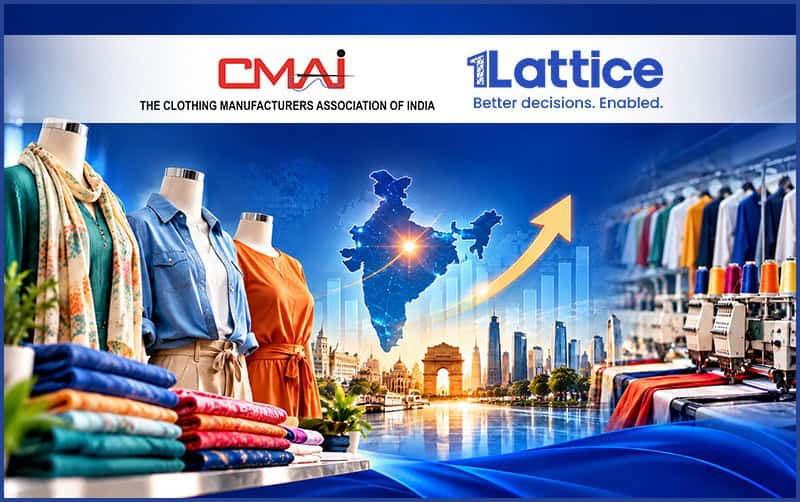 Fashion apparel display with cityscape and India map in background.