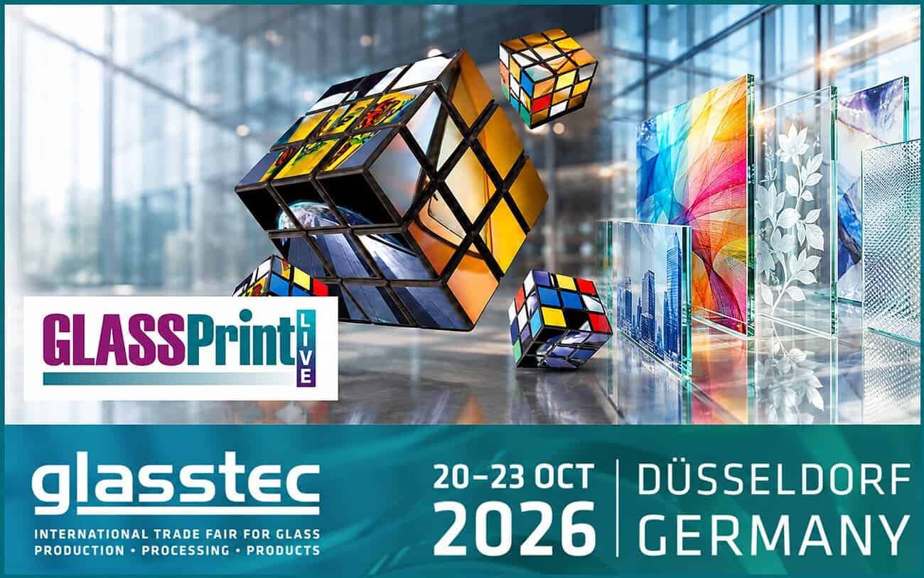 Exhibition of glass decoration techniques at glasstec 2026 in Düsseldorf.