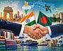 Handshake between India and Bangladesh with flags and trade elements.