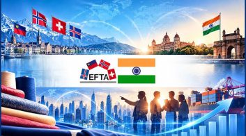 Flags of EFTA countries and India with city and mountain backdrop.