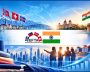 Flags of EFTA countries and India with city and mountain backdrop.