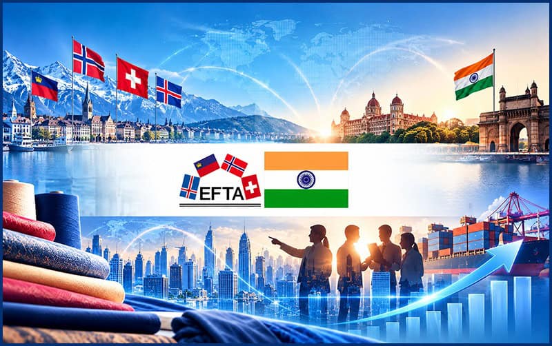 Flags of EFTA countries and India with city and mountain backdrop.