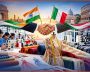 Handshake between Indian and Italian flags at textile trade event.
