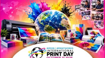 Print industry showcase with printing equipment and colorful designs for International Print Day 202.