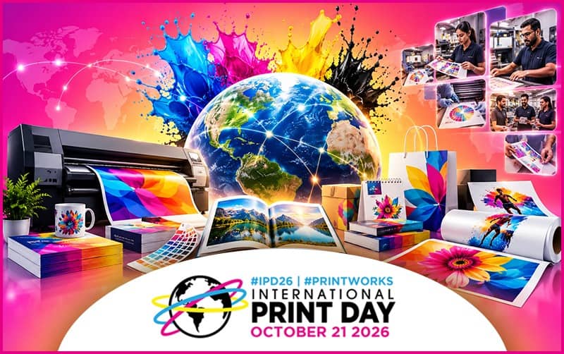 Print industry showcase with printing equipment and colorful designs for International Print Day 202.