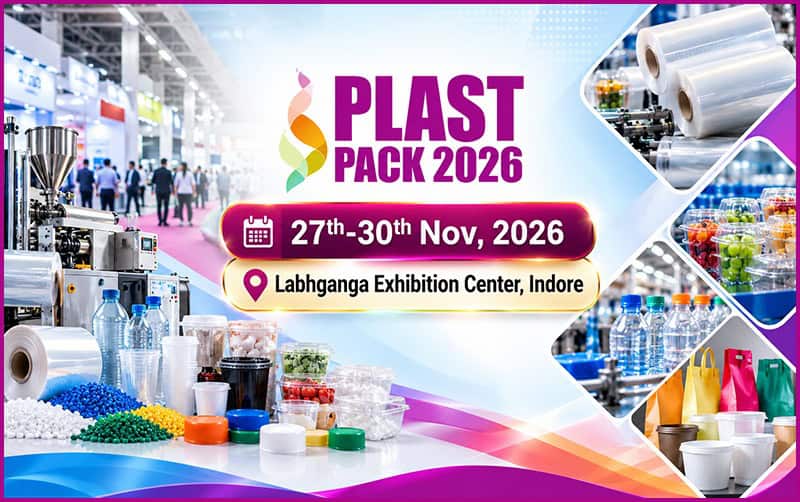 PLAST PACK 2026 exhibition banner with dates and location in Indore.