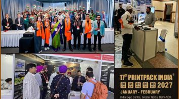 Group photo at Screen Print India booth during PRINTPACK INDIA 2027.
