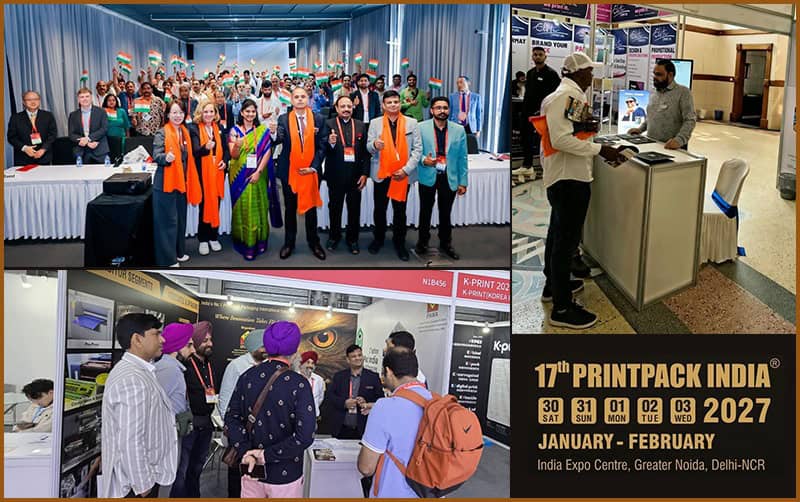Group photo at Screen Print India booth during PRINTPACK INDIA 2027.