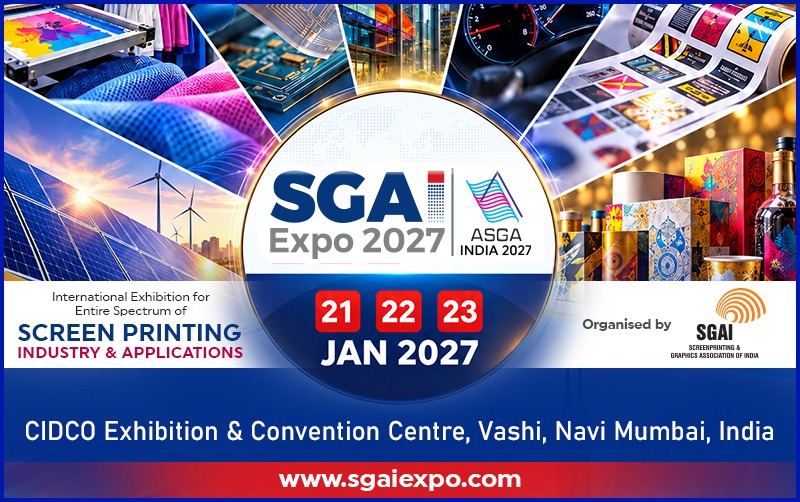 SGAI Expo 2027 banner showcasing screen printing industry and applications in Navi Mumbai.