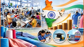 Textile and printing industry in India with manufacturing and training scenes.
