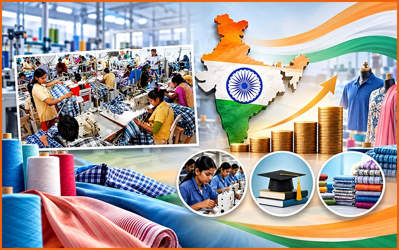 Textile and printing industry in India with manufacturing and training scenes.