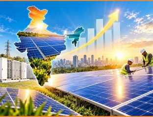 Solar panels in India with solar map and rising graph at sunset.