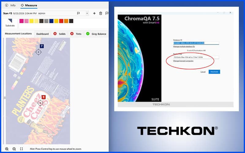 ChromaQA 7.5 software interface with artwork guides and ICC profile import options.