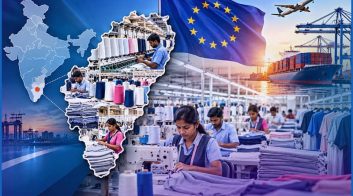 Textile manufacturing and export in Tiruppur with EU flag and shipping port.