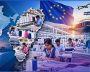 Textile manufacturing and export in Tiruppur with EU flag and shipping port.