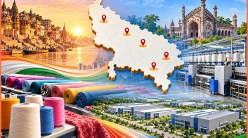 Map of Uttar Pradesh with textile parks and printing industry images.