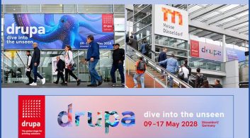 Visitors at drupa 2028 trade fair in Düsseldorf Germany.