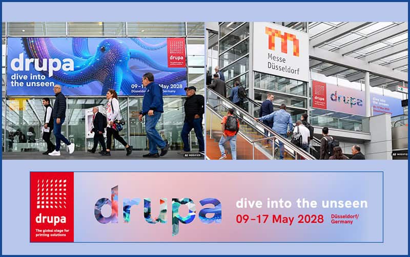 Visitors at drupa 2028 trade fair in Düsseldorf Germany.