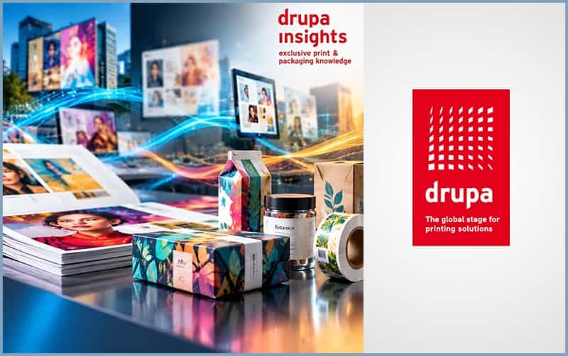 Display of printing and packaging products at drupa Insights event.