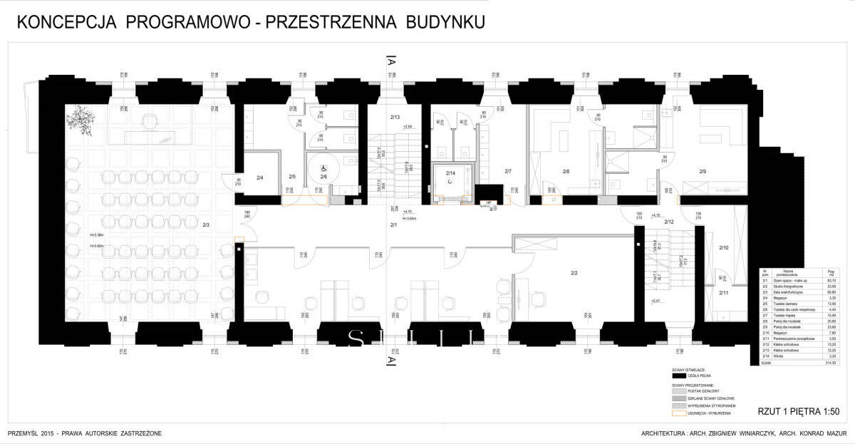 Plan koncepcji programowej budynku z podziałem na pomieszczenia.
