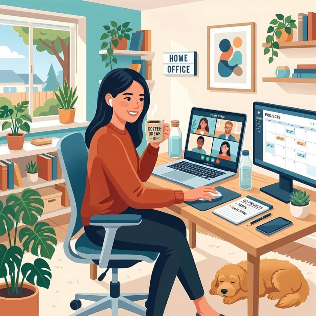 A bright home-office workspace with a laptop, notebook and coffee on the desk